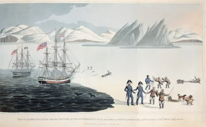 Primeira comunicação com os nativos de Regents Bay no dia 10 de agosto de 1818, ilustração de A Voyage of Discovery ..., 1819 cor litho